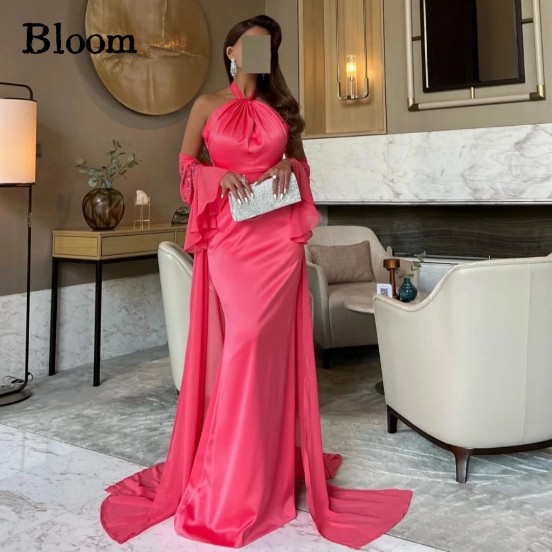 

Bloom Arabia Fashion Halter Evening Dresses With Jacket Beads Flare Sleeves Sheath Simple Formal Wedding Party Dresses For Prom