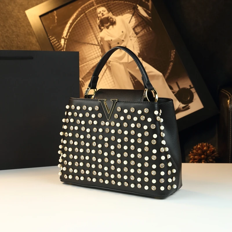 

2026 New Fashion Women's Bag Rhinestone Pearl Handbag Diamonds Shoulder Messenger Bag Luxury Small Square Bags