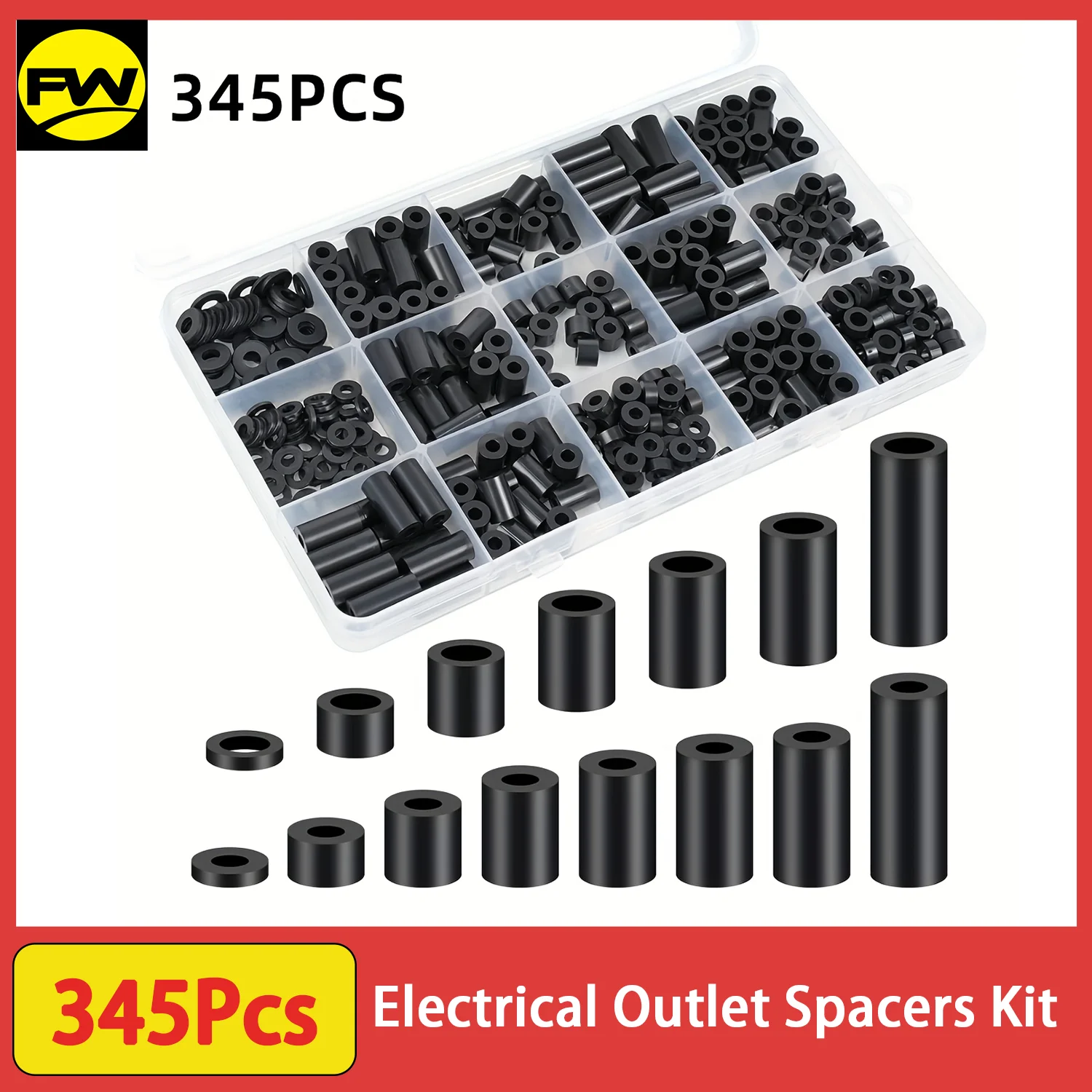 345 Pcs Black Nylon Electrical Outlet Spacers Kit - Non-Threaded Round Plastic Spacers for Switch & Receptacle Screws