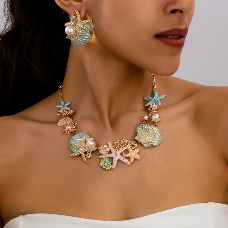 

High-end Colored Oil-inlaid Starfish Shell Coral Sea Beach Holiday Style Earrings Necklace Set Suitable for Women's Banquets
