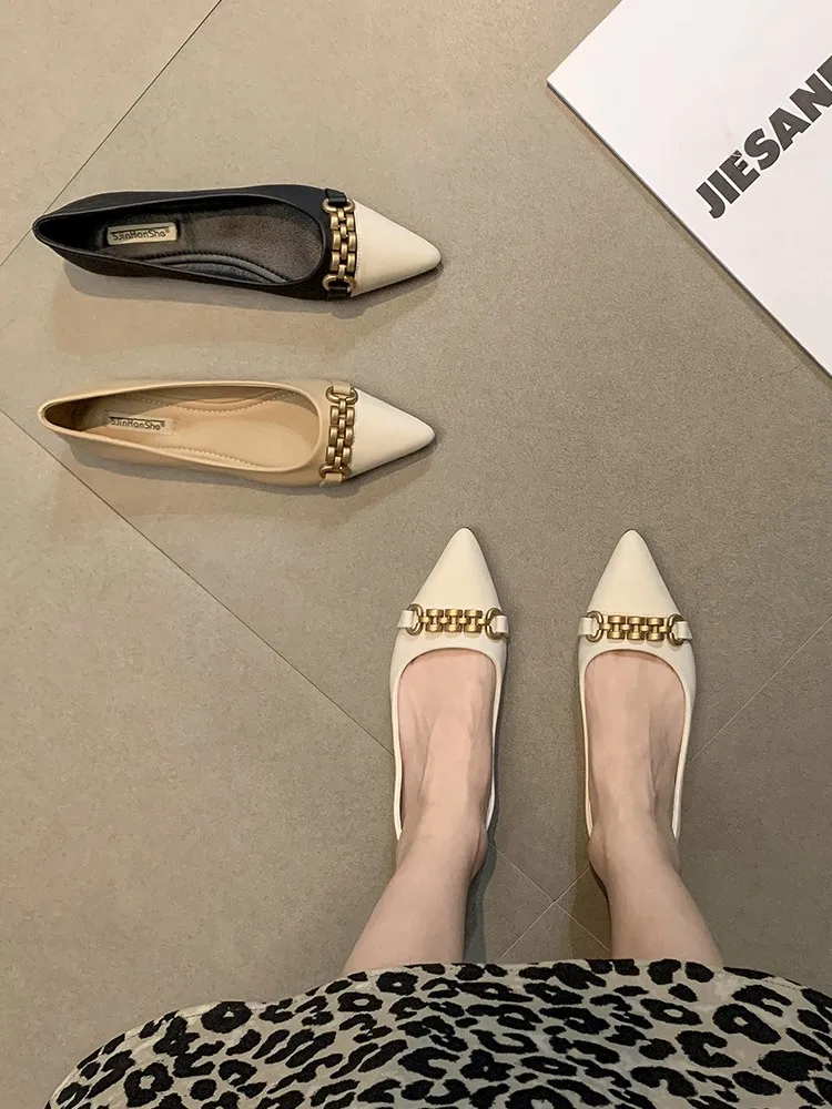 Women Flats with Chains 2023 Spring Summer New Pointy Toe Solid Color Slip on Lady\'s Elegant Shoes Big Size 44 45 Small Size 33