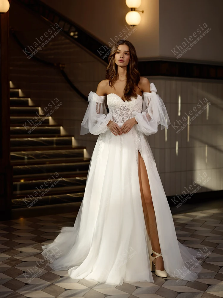 ชุดแต่งงานหรูหราทรงเอไลน์ ผ้าทูลล์หลายชั้น แขนพองยาว สำหรับผู้หญิง  ชุดเจ้าสาวแบบสั่งตัดได้ ปี 2025