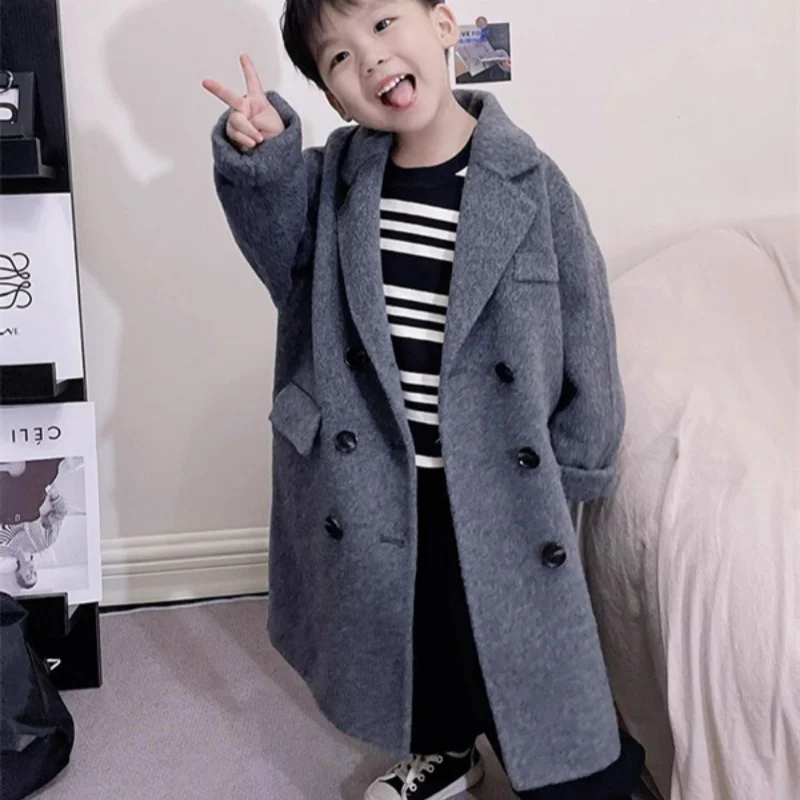 

Boys Woolen Coat Overcoat Jacket Windbreak 2024 New Warm Plus Thicken Autumn Winter Cotton School Children's Clothing