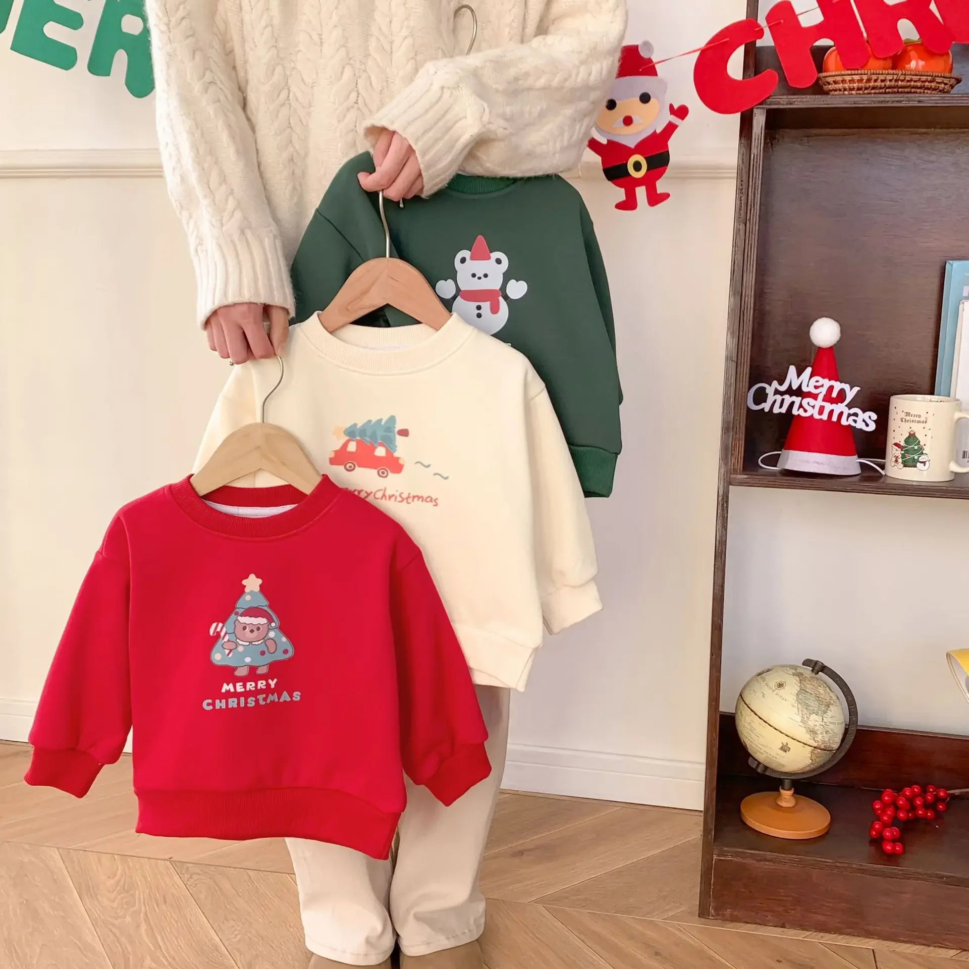 Christmas Kids Sweatshirts Autumn Winter Children\'s Plush Christmas Children\'s Clothing Baby Cartoon Warm Sweatshirts Tops
