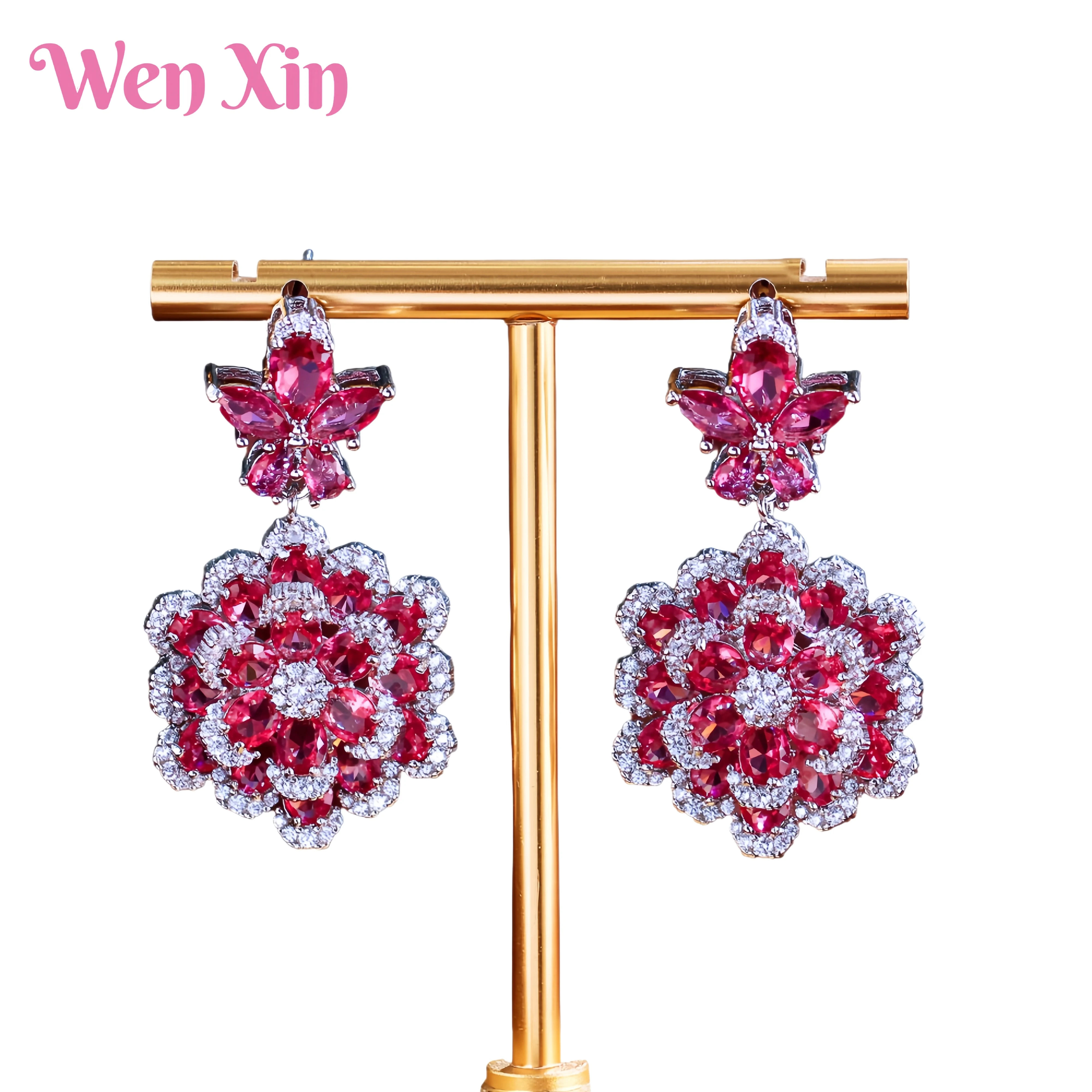 

WENXIN Brand MUSHAN MCT Luxurious Double layered Flower Simulation Red Corundum Zircon Earrings Fashion Jewelry Accessories