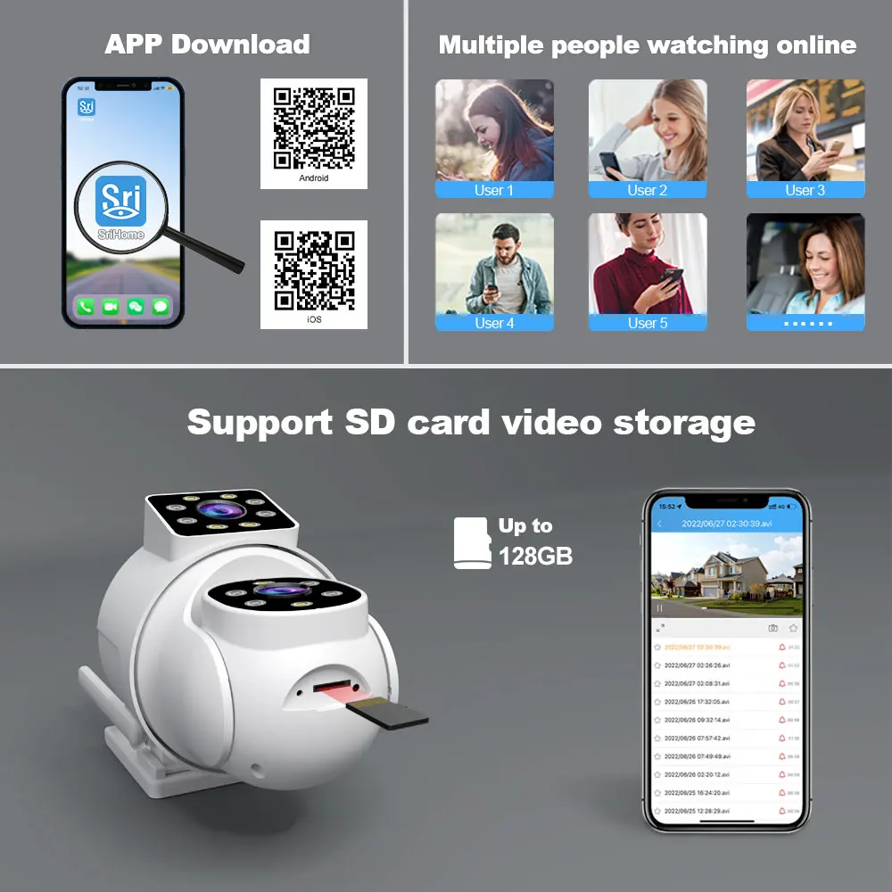 Srihome SH063 4MP PTZ Wifi kamera IP 3X Zoom podwójny obiektywAI wykrywanie człowieka bezprzewodowe kamery monitorujące CCTV kamera bezpieczeństwa