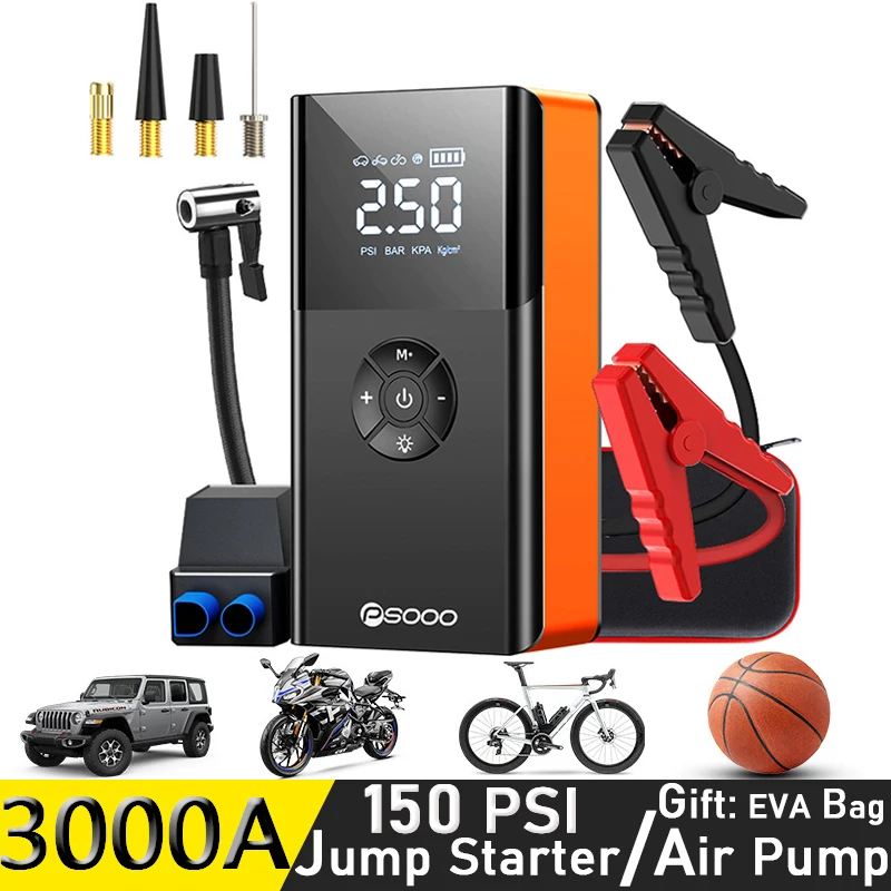 

3000a 150psi Air Pump Emergency Car Jumper Powerbank 12v Portable Tire Inflator Battery Booster Jump Starter With Air Compressor