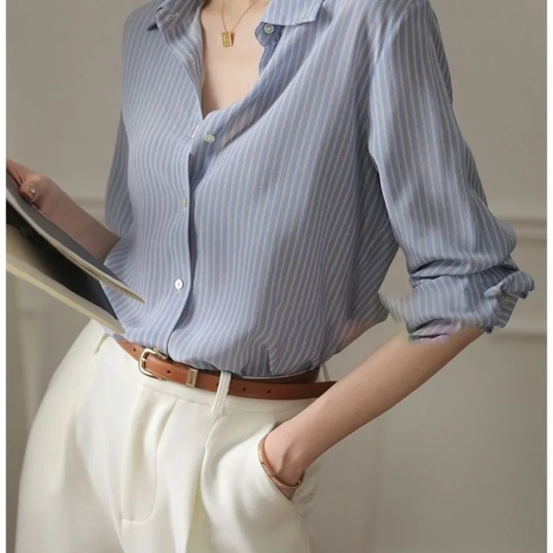 

QWEEK Chiffon Striped Long Sleeve Shirt Woman Office Ladies Button Up Blouse Female Summer Korean Old Money Style Aesthetic 2024