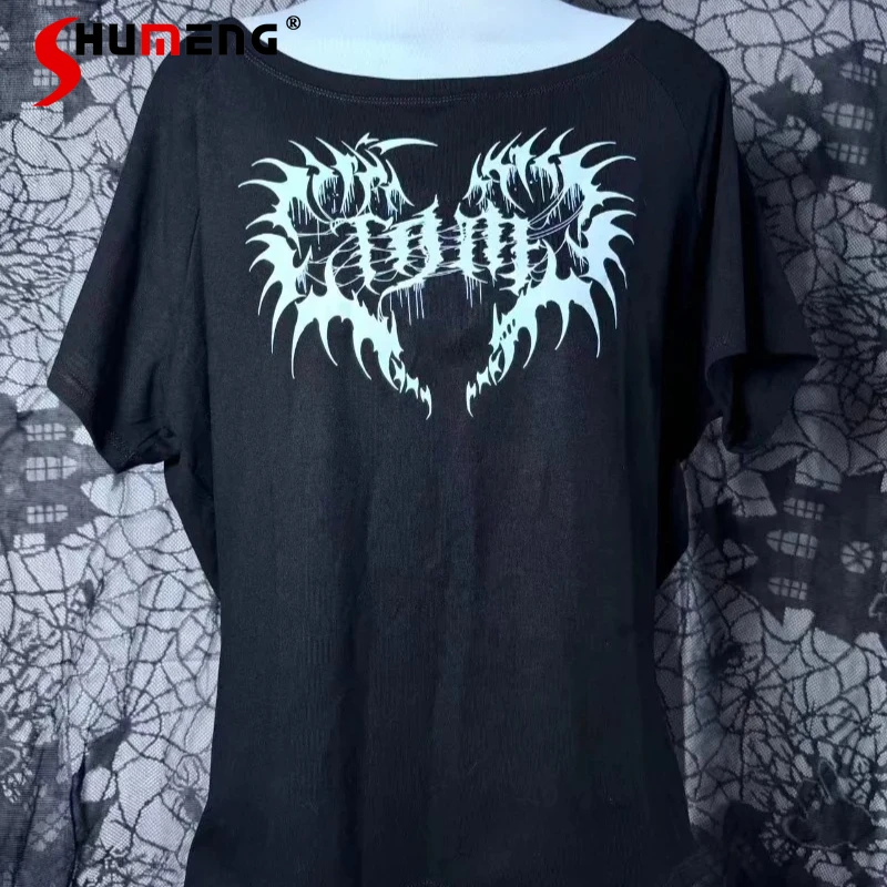 

Japanese Punk Style Gothic Subculture Dark Black Girl Top Tees Japanese Style Short Sleeves Big Neckline One Shoulder T-shirt