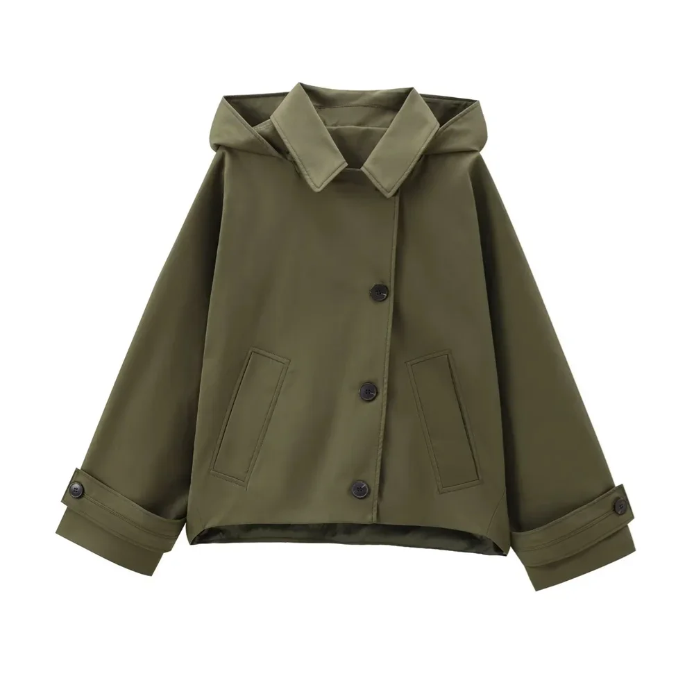 

2025 new European and American style hooded long sleeved lapel jacket single breasted trench coat short jacket