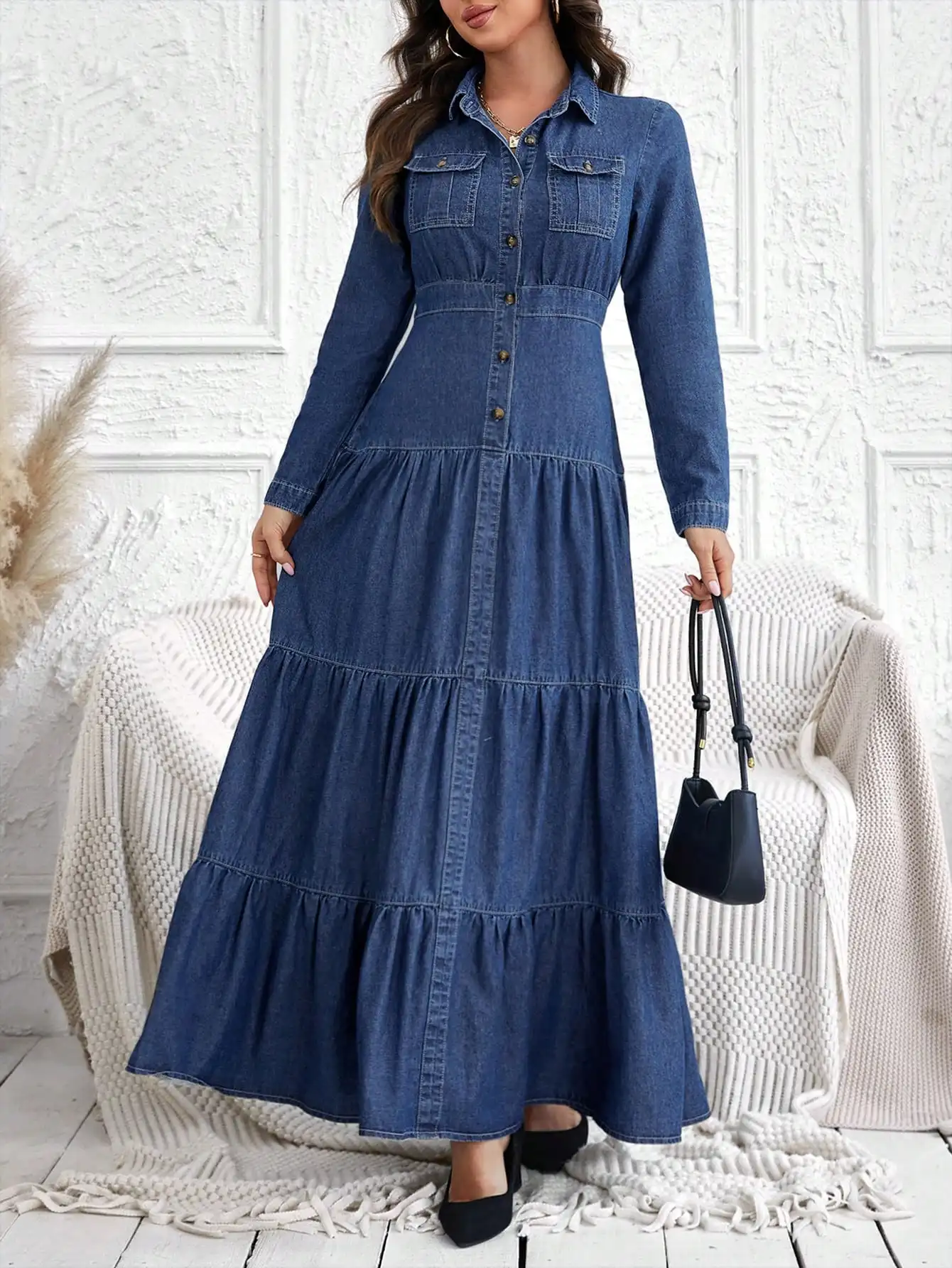 

Women's Denim Tiered Shirt Dress With Pockets