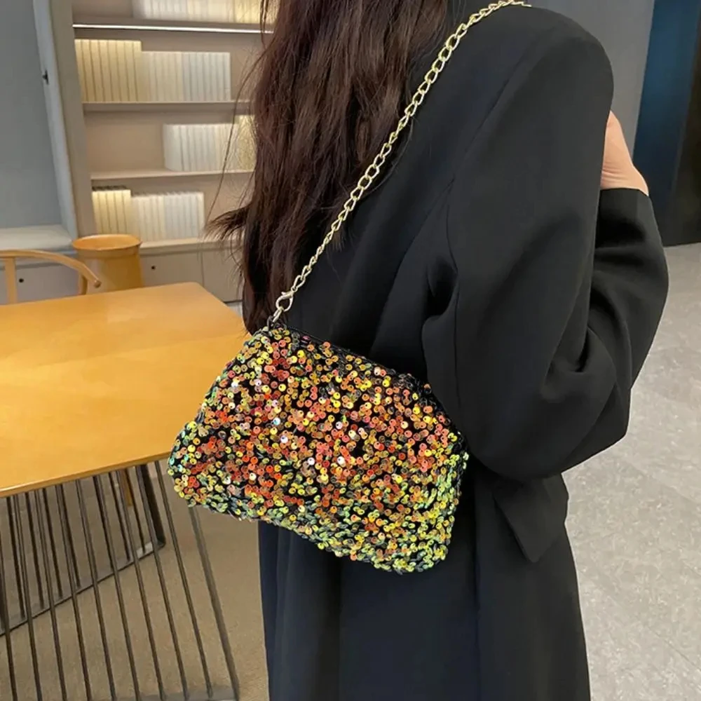 Einfarbige Umhängetasche mit Pailletten, einfache INS-Kette, Pailletten, Umhängetasche, Tasche, Handytasche, kleine quadratische Tasche, Dinner-Party – Detail 17