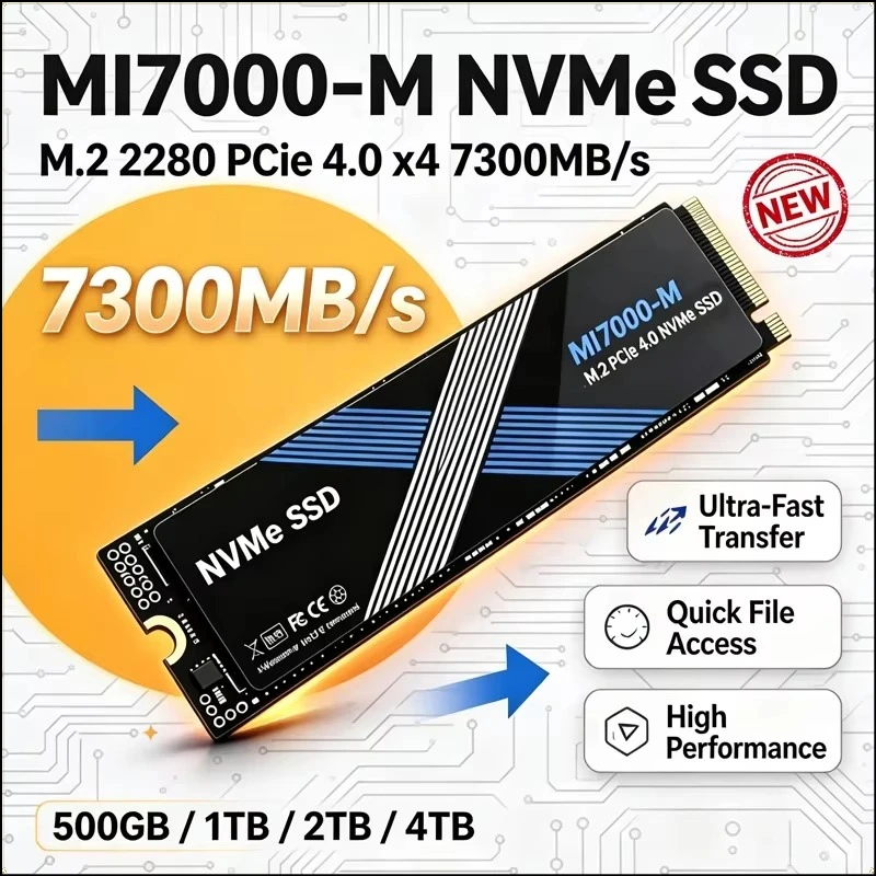 MI7000-M M.2 SSD Hard Disk, 500GB 1TB 2TB 4TB, 7300MB/s NVMe M2 SSD, PCIe 4.0 Internal Solid State Drive, For Laptop Desktop PC.