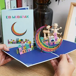 3D Muslim mosque three-dimensional greeting card Festival Moon Eid handmade paper carved card Eid Ramadan greeting card envelope