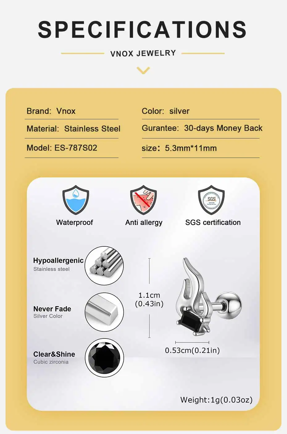 Edelstahl Flamme Zirkon Ohrstecker für Männer Frauen, Anti Allergie Hochwertige Metall Ohrstecker, Hip Hop Punk Schmuck Geschenk – Detail 4