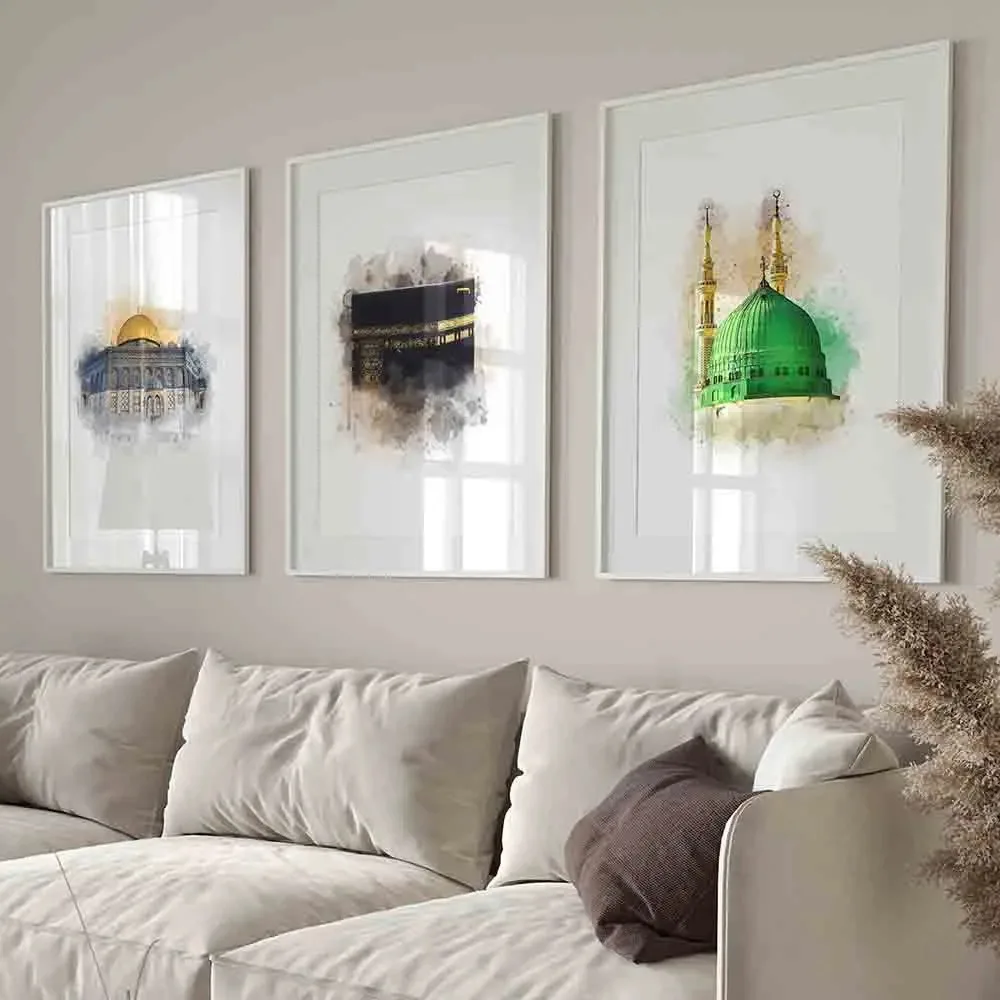 3PCS Mosque Nabawi Wall Art Print Mescid Aqsa Kaaba Islamic Poster Landscape Canvas Painting Bohemia  Modern Home Room Decor