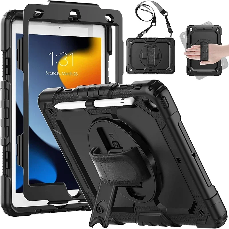 Kickstand Shockproof Case For iPad 10.2 7th 8th 9th 2019 2020 2022 10.2 Pencil Holder Cover+PET Screen Protector+Shoulder Strap