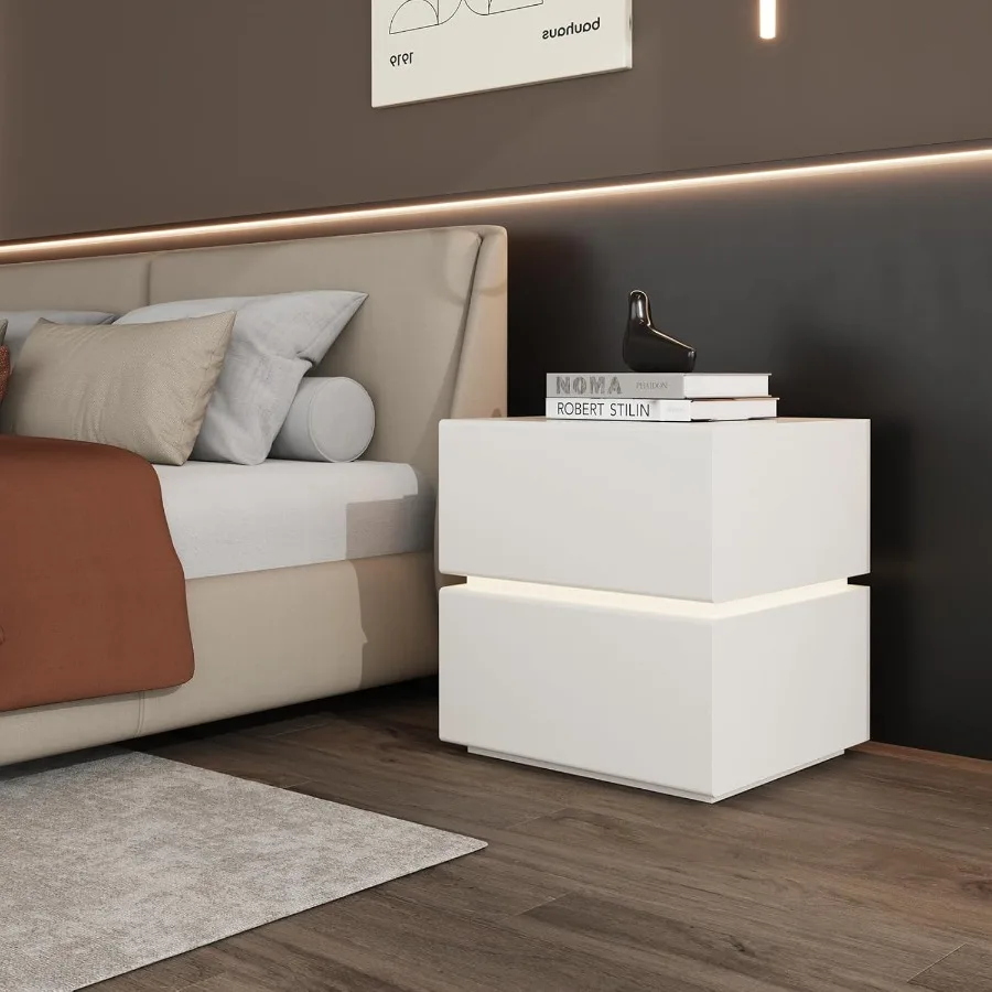 Modern Nightstand with Lights Small Bedside Table with Faux Leather Upholstery and 2 Drawers Mini End Table Night Stands for Be