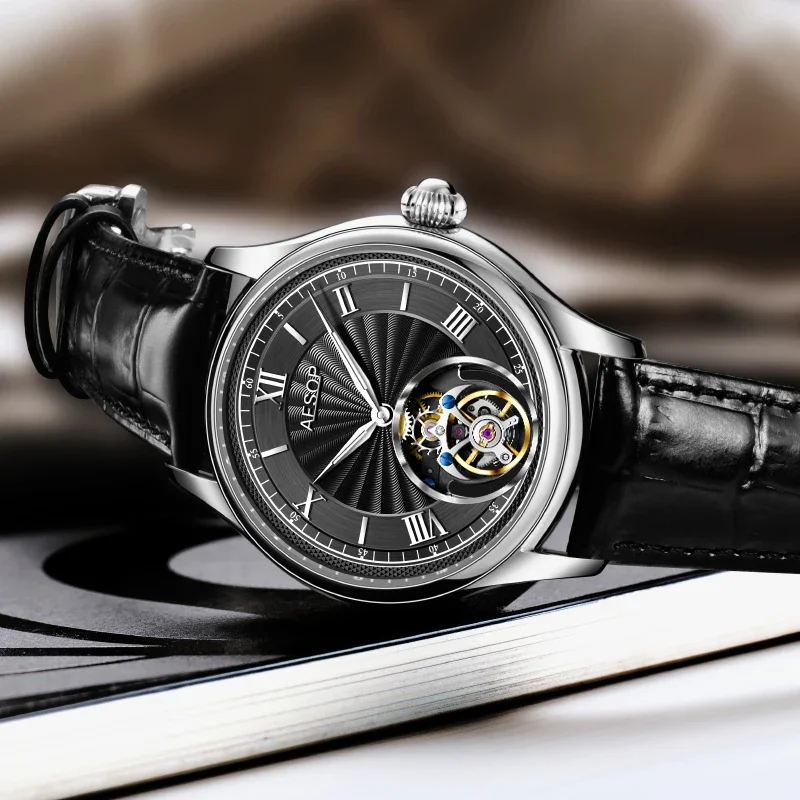 AESOP Men Mechanical Wristwatches Flying Tourbillon Movement Skeleton Watch for Male Man Luxury Clocks with Diamond Waterproof