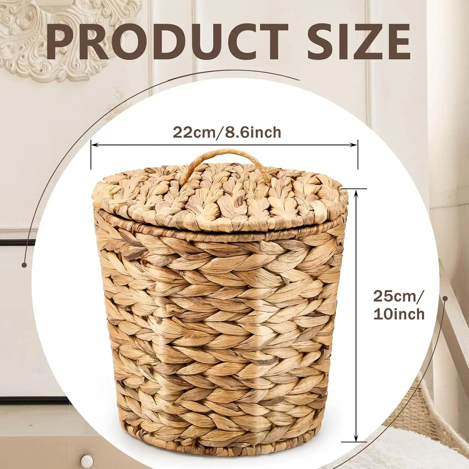 2 Pcs Wicker Trash Can Basket Woven Waste Basket with Lid Bathroom Wastebasket Garbage Bin with 100 Pieces of Trash Bags for Bed