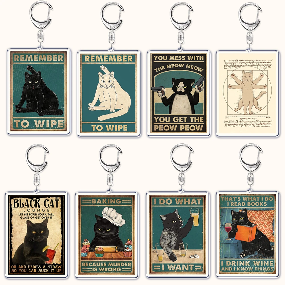 Retro Vintage Art Funny Black Cat Keychain for Accessories Bag Remember To Wipe Pendant Key Chain Ring Keychains Jewelry Gift