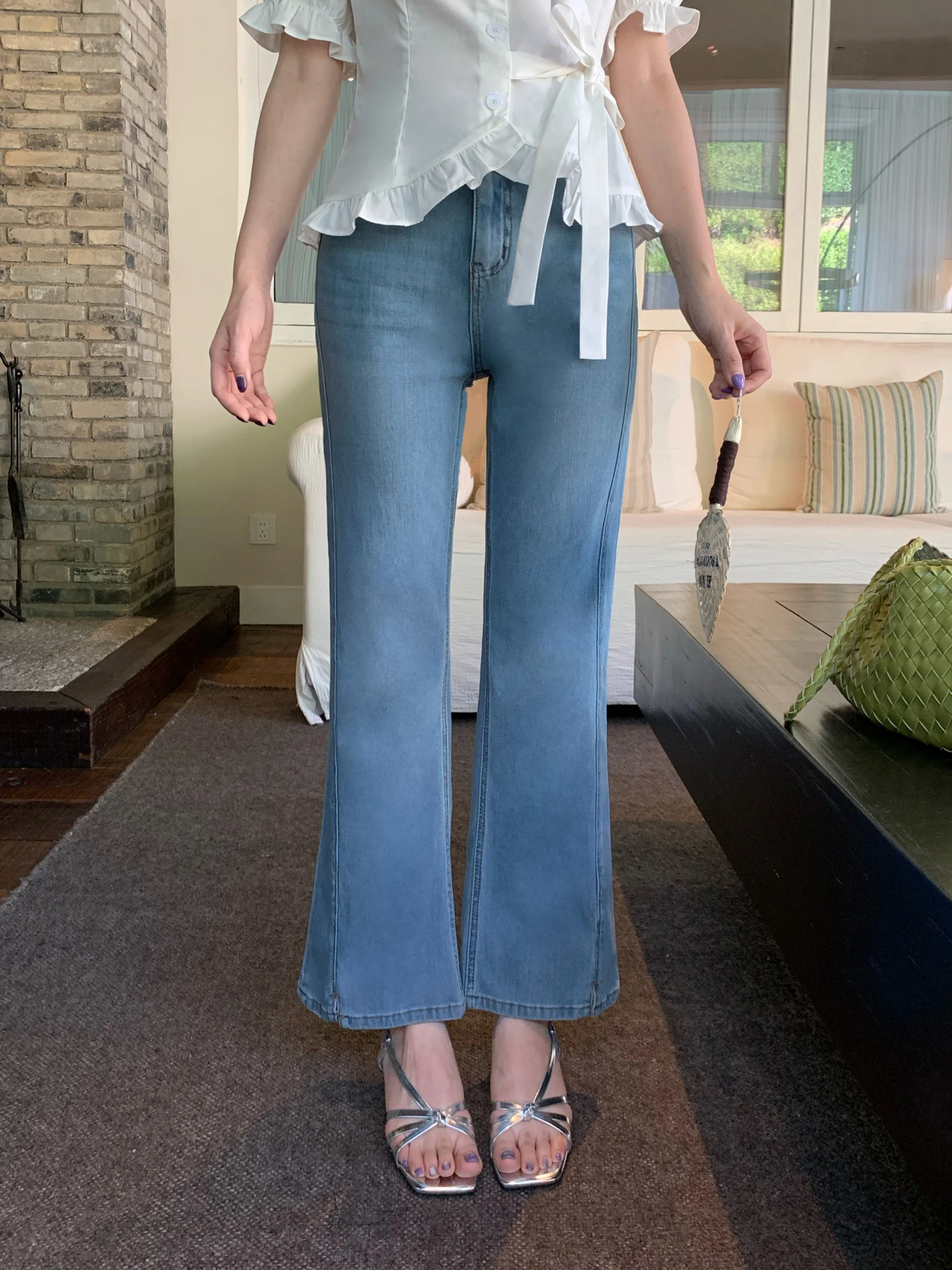 

Джинсы Moby Summer Slim Fit с высокой талией, расклешенные, девятиместные посадочные, эластичные, прямые, леггинсы, тонкие, синие, джинсовые, повседневные, стильные