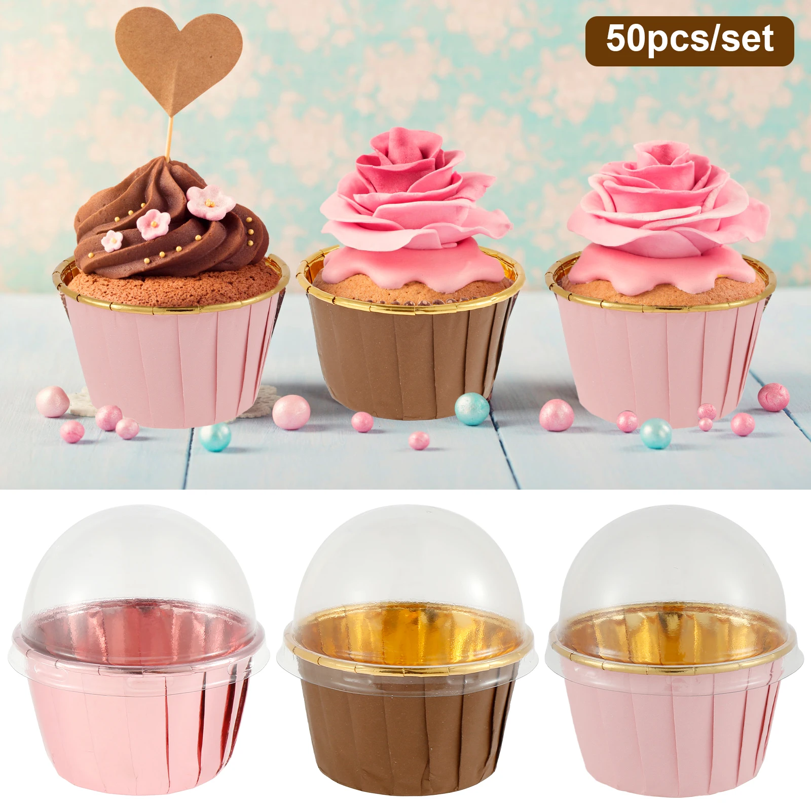 50 Stück Gold-Rosa Einweg-Muffinförmchen mit Deckeln, Papier-Cupcake-Halter, Hitzebeständige Backformen für Muffins und Cupcakes
