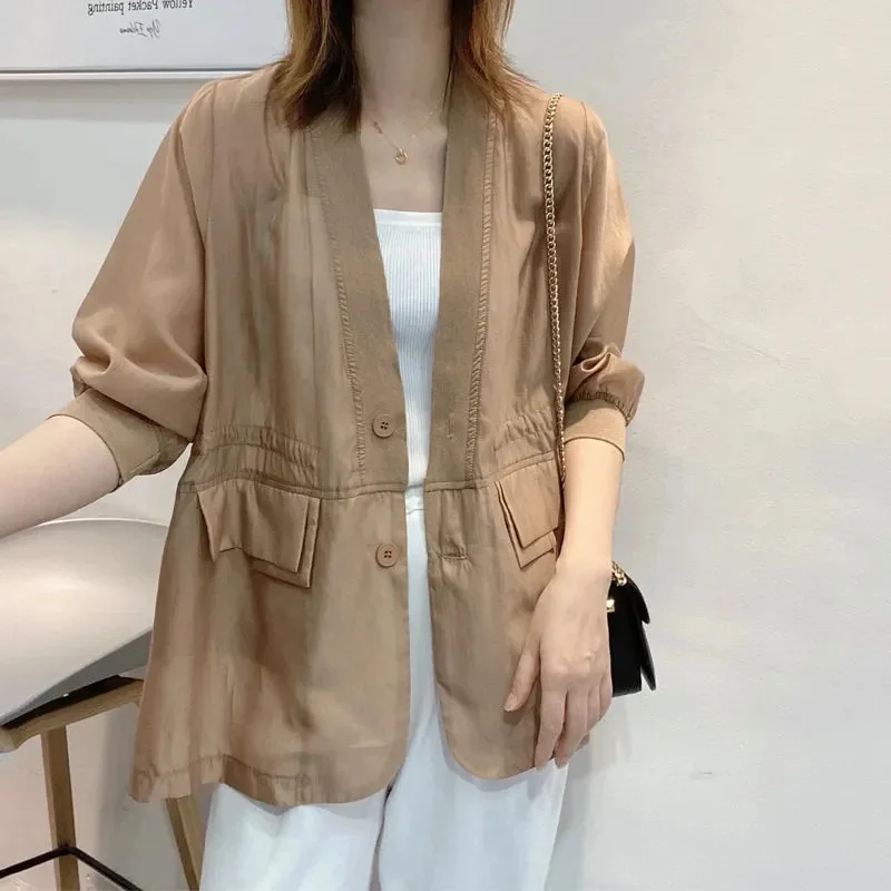 

2024 Thin Jacket Cardigan Women Khaki Sun Protection Tops New Coat Women Spring Summer Female Loose Large Size Jackets Outwear