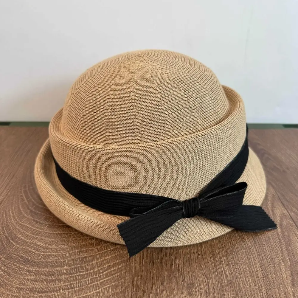 

Fashion Bowknot Bow Topper Hat Knitted Thin Hepburn Style Formal Hat Pure Color Sunscreen Fisherman Hat Spring Summer