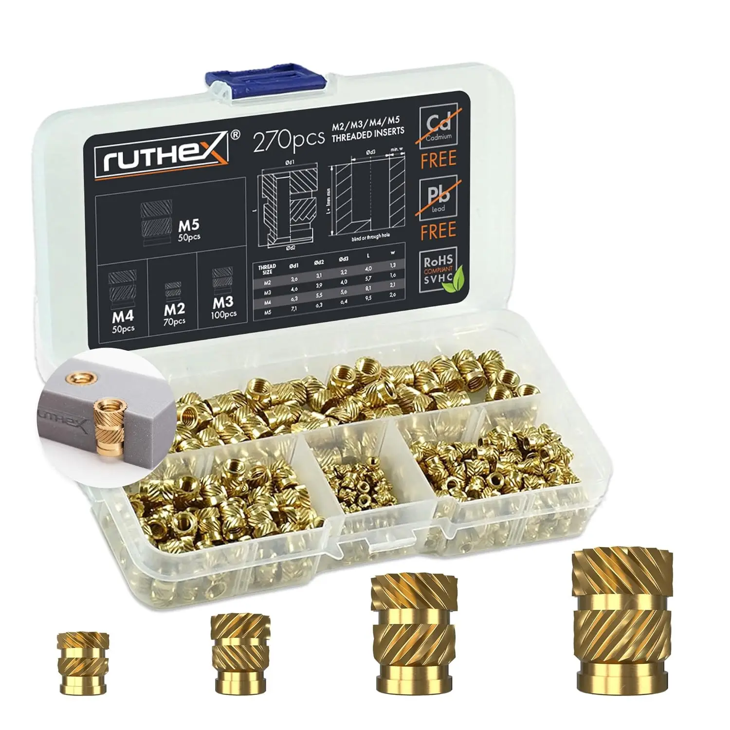 

Threaded Inserts M2 M3 M4 M5 Assortment Box, 270pcs Brass Heat Set Nuts for Plastic Parts, Knurled Threaded Sleeves for 3D
