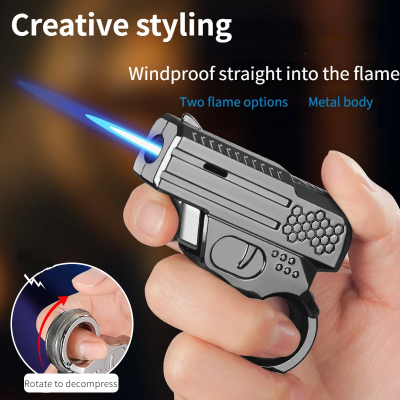 New Style Ring Gun Creative Trend Play Decompression Mechanical Rotating Rosary Metal Windproof Red Flame Lighter Straight Rush