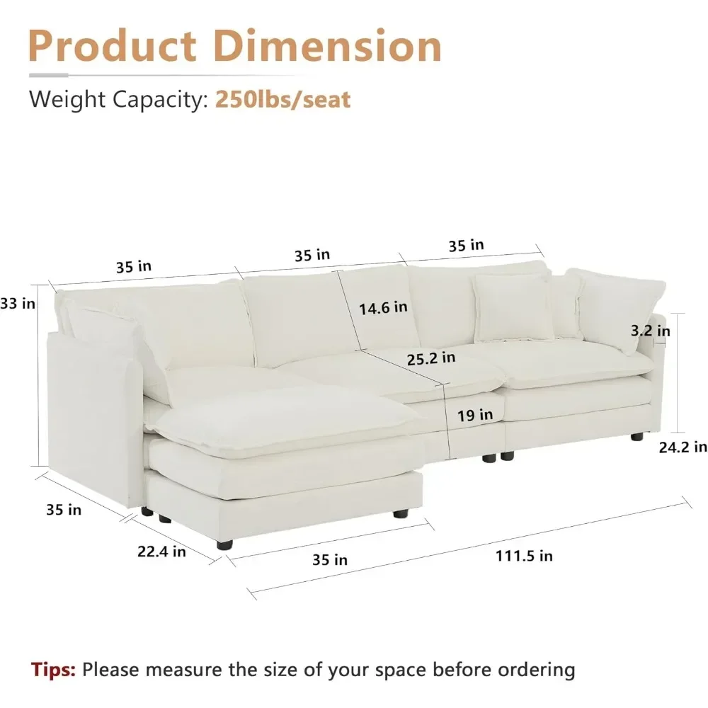 Modular Sectional Sofa, 111.5 Inch L Shaped Couch Set for Living Room, 3-Seater Comfy Cloud Couches with Movable Ottoman