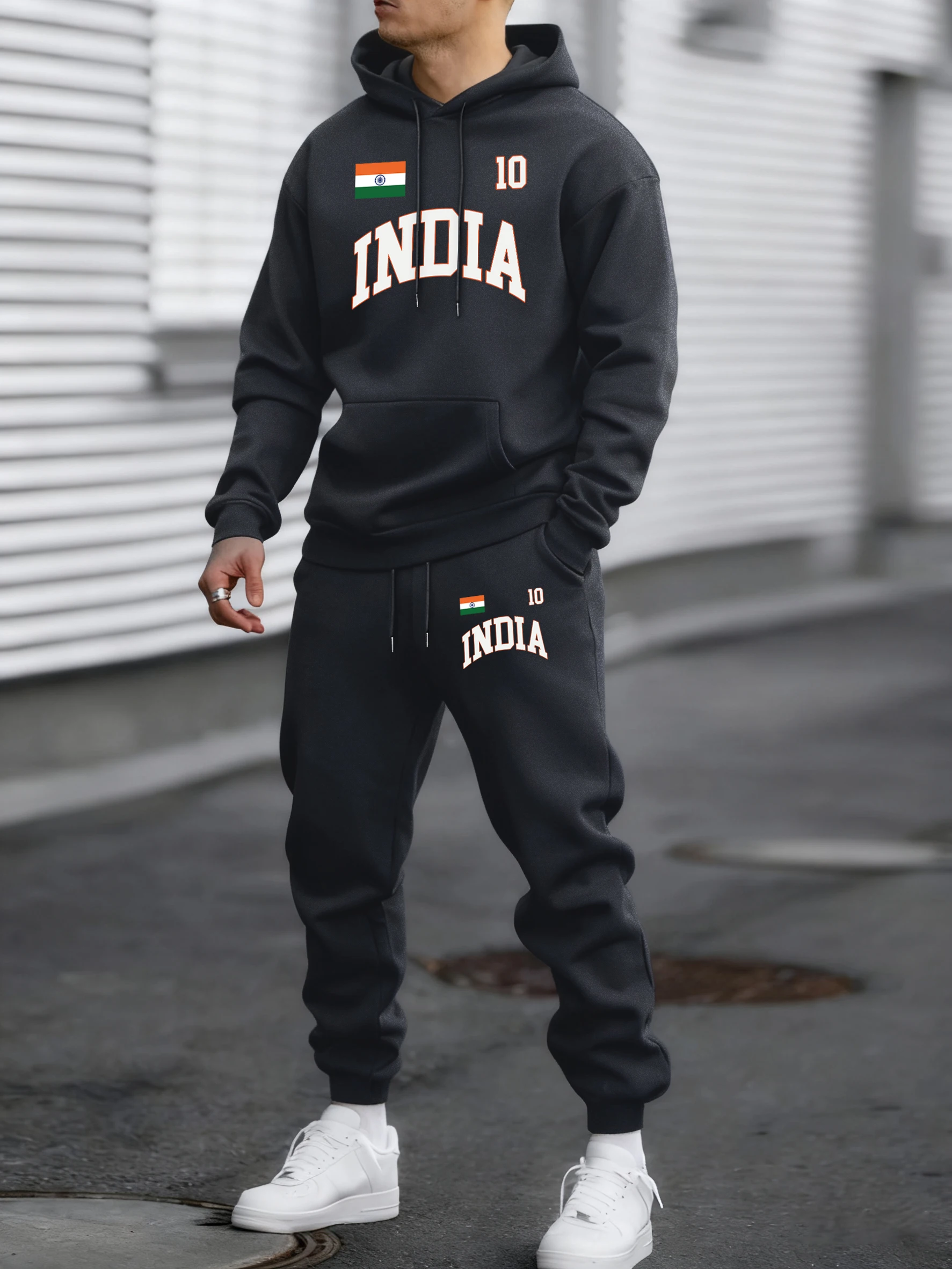 

India Flag Print Man Comfy Street Hoody Autumn Winter Fleece Sweatshirt Long Pant Set Basic All-Match Sweatpant Daily Casual Top