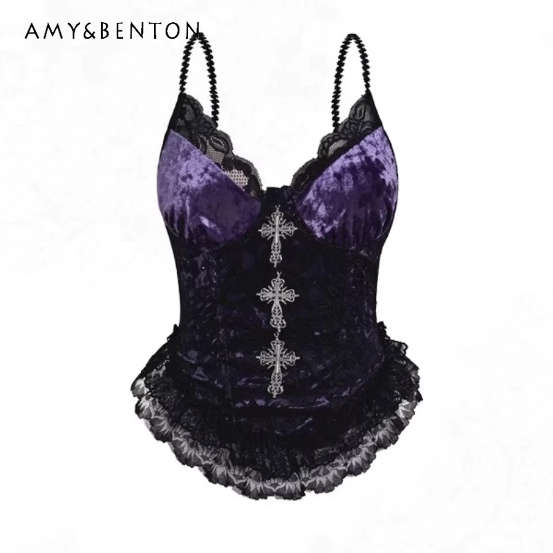

French Retro Hot Girl Style Lace Hollow Out Splicing Women's Camisole 2025 New Goth Punk Metal Buckle Sling Vest Corset Ladies