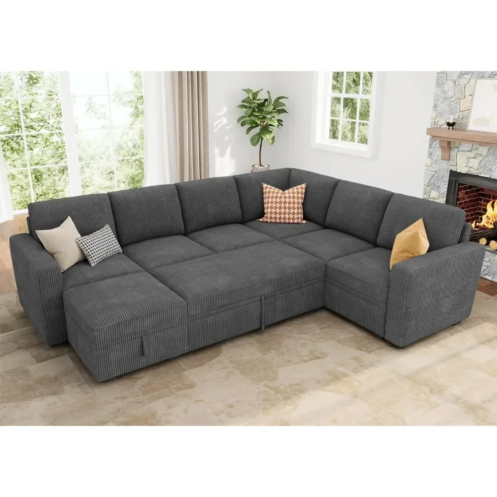 Modular Sectional Couch with Pull Out Bed, Corduroy Sleeper Sofa with Storage Seats Ottoman, U Shaped Sectional Couches