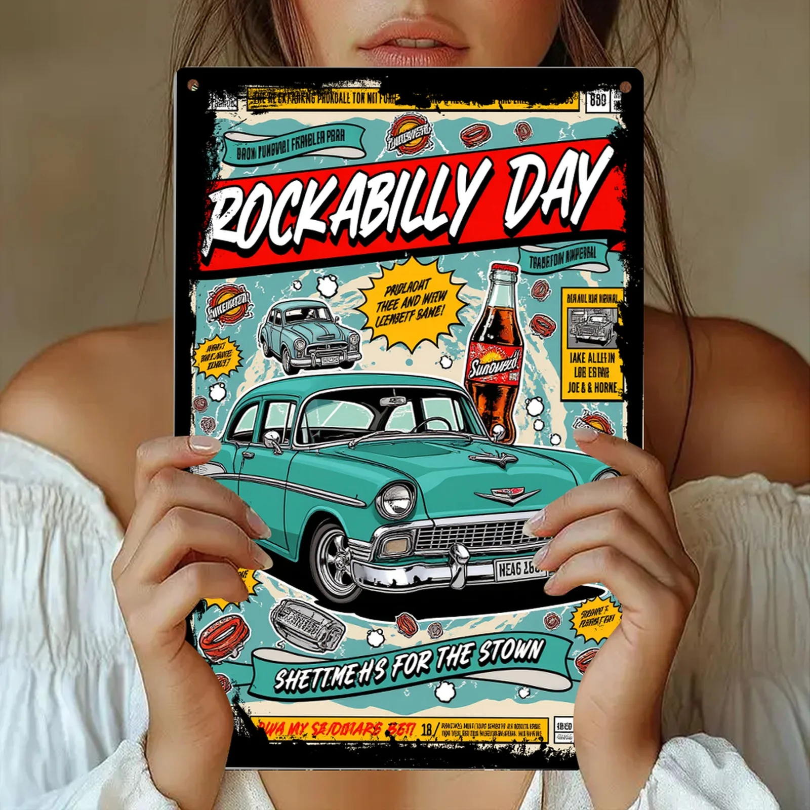 2D Flat Rockabilly Day Tin Sign Wall Art Classic Car& Cola Bottle Metal Plaque with 
