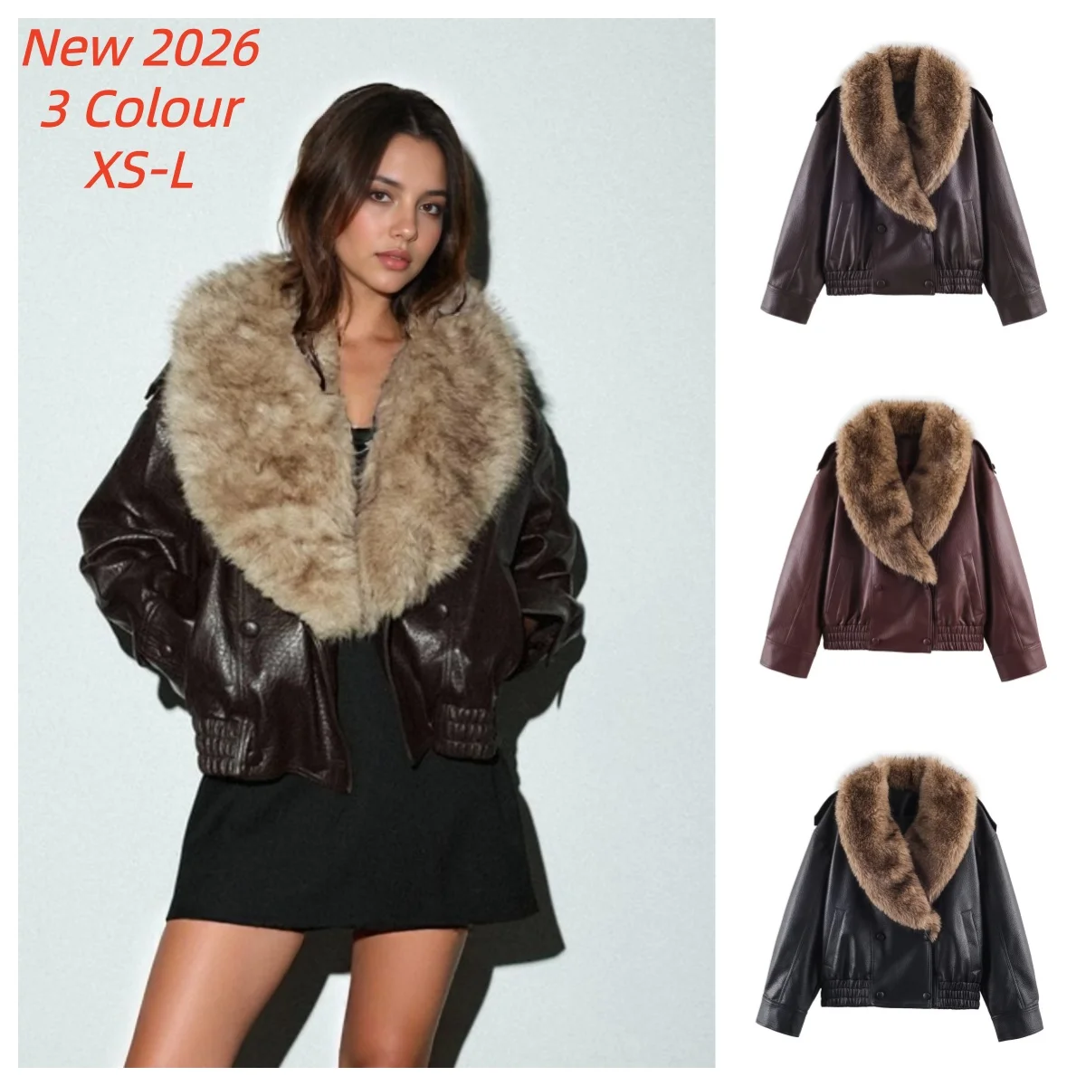 2026 Winter Women Loose Faux Leather Jacket Fashion Removed Big Fur Collar Causal Coat High Street Double Breasted Outwear