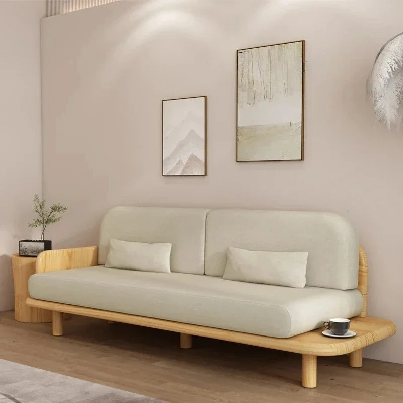 A  Small Apartment Simple Living Room Three-person Fabric Straight Row Sofa  Wabi Sandy Wind Solid Wood Sofa Furniture