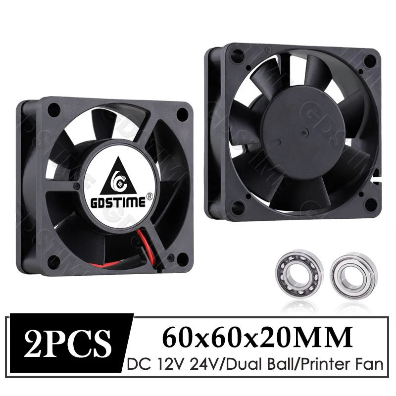 

2Pcs GDSTIME 60MM Axial Fan DC 12V 24V 60x60x20MM Dual Ball Cooler 6CM PC Computer Case Radiator 6020 Fan for 3D Printer Cooling