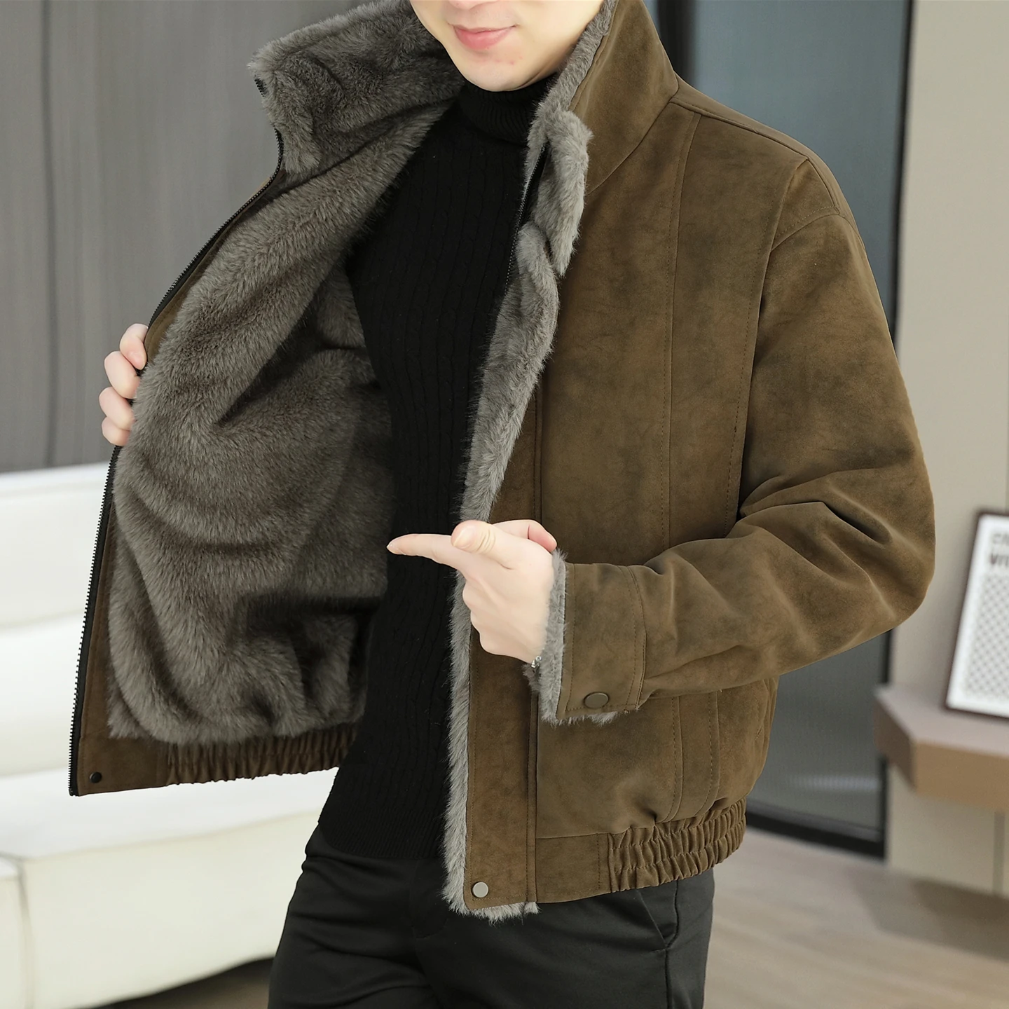 

Men's Faionable Thiened Fce Casual Jaet Autumn Winter Warm Cotton Coat Stand Fit Urban Sle PU Fabric Long Sve