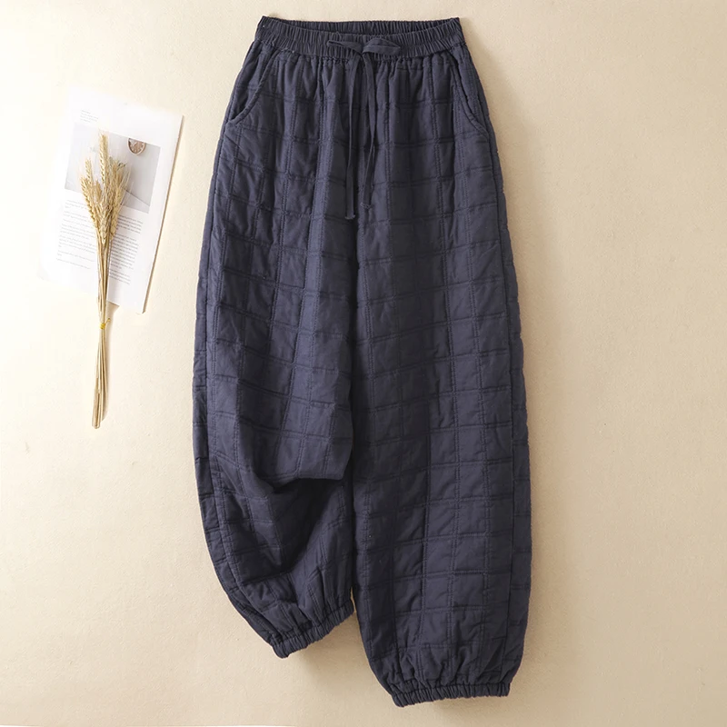Loose Cotton Lantern Pants Women's plus Size White Polyester Cotton Plaid Embossed Casual Nine Points Cotton Pants plus Size