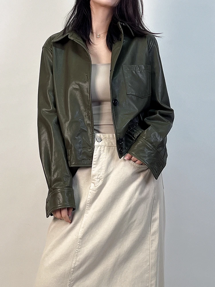 Vintage Genuine Leather Cropped Jackets for Women Spring Autumn High-end Simple Slim Single Breasted Soft Real Sheepskin Coat