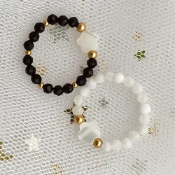 Vintage Natural Stone Obsidian Ring For Women Shell Heart Star Statement Rings Stainless Steel Bead Wedding Jewlery