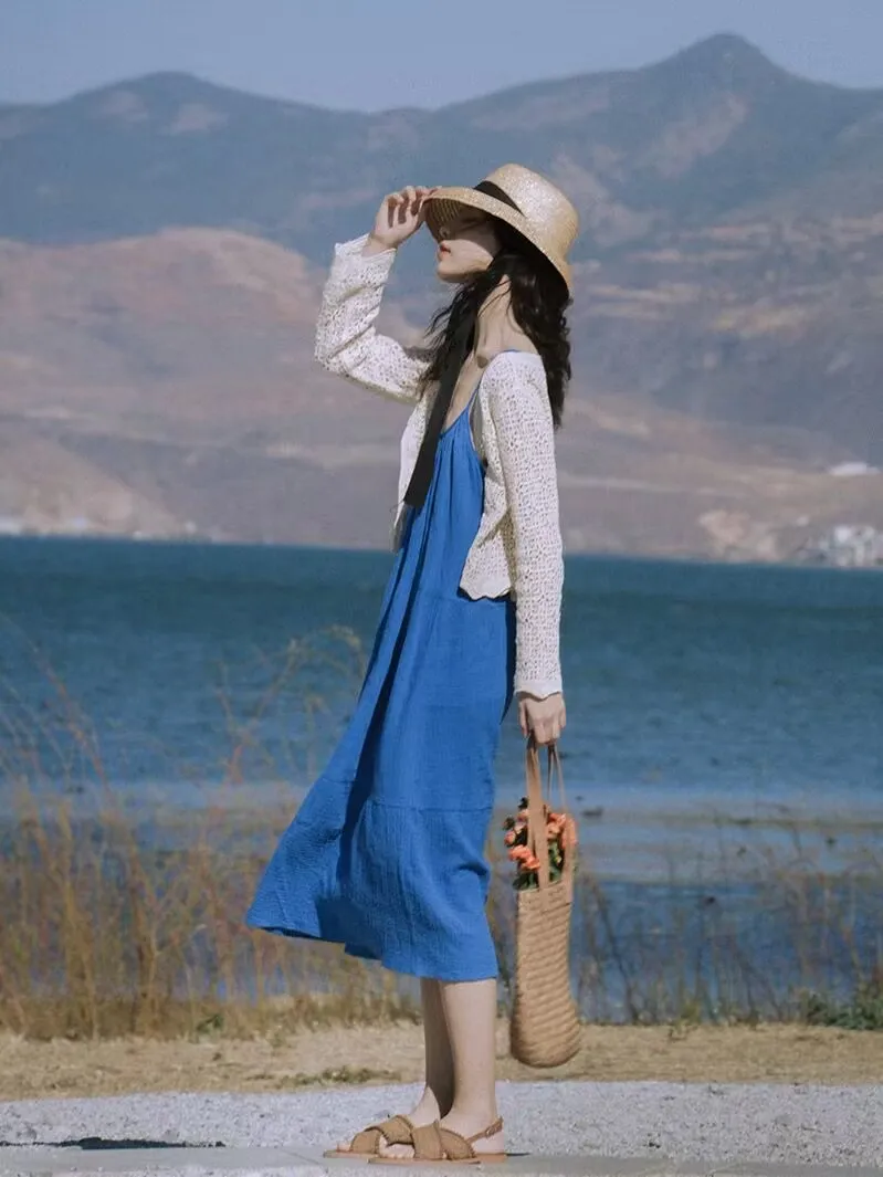 Vestido feminino vintage de algodão e linho em camadas, elegante, férias de verão, sem mangas, casual, solto, linha a, azul, midi