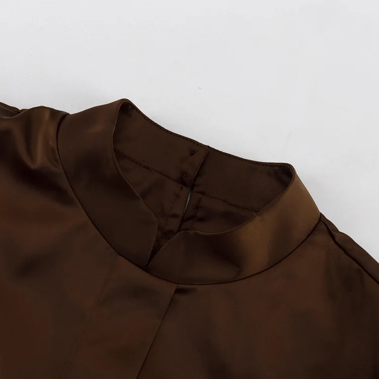 2025年春秋新作プレミアムサテン小衿長袖タイウエストAラインショートワンピースレディース