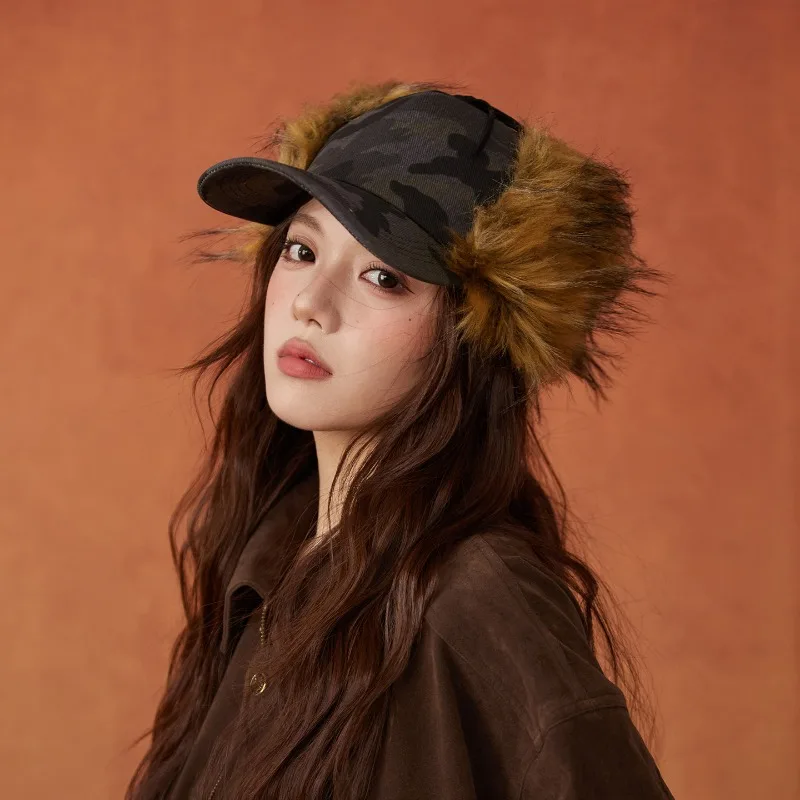 الكورية التمويه طباعة أفخم حماية الأذن قبعة بيسبول الرجال والنساء الاتجاه سميكة ودافئة ركوب حزام تحلق منفذها القبعات