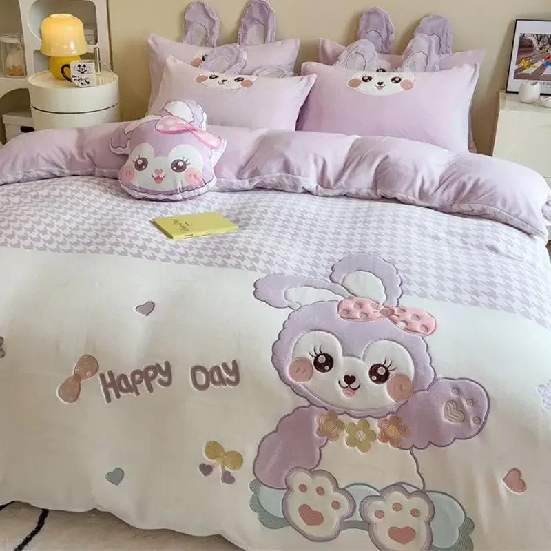 Disney Stitch Cartoon Cute, Comfortable and Soft Sheets and Quilt Covers Double-Sided Thickened Milk Velvet Bed Four-piece Set