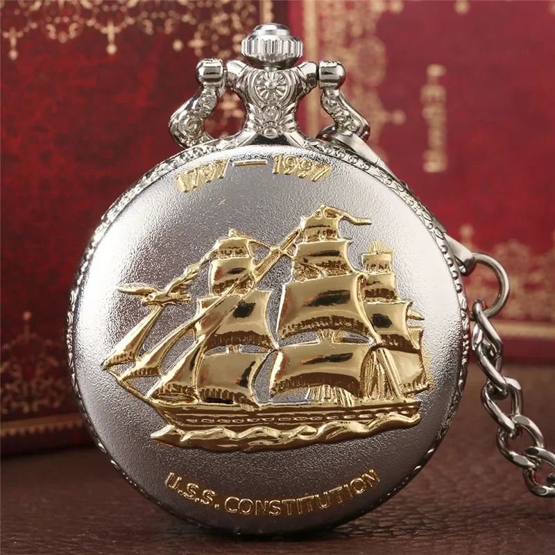 

Silver Carved Sailing Canvas Boat Alloy Cover 1797-1997 Fob Quartz Pocket Watch for Men Women with 30Cm Pendant Chain Clock Gift