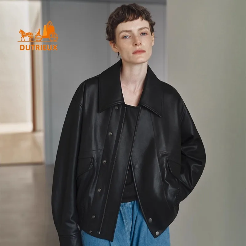 Winter Women's Short Lapel Waist Silhouette Flight Leather Jacket, 100% Real Sheepskin Retro Luxury Fashion Genuine Leather Coat