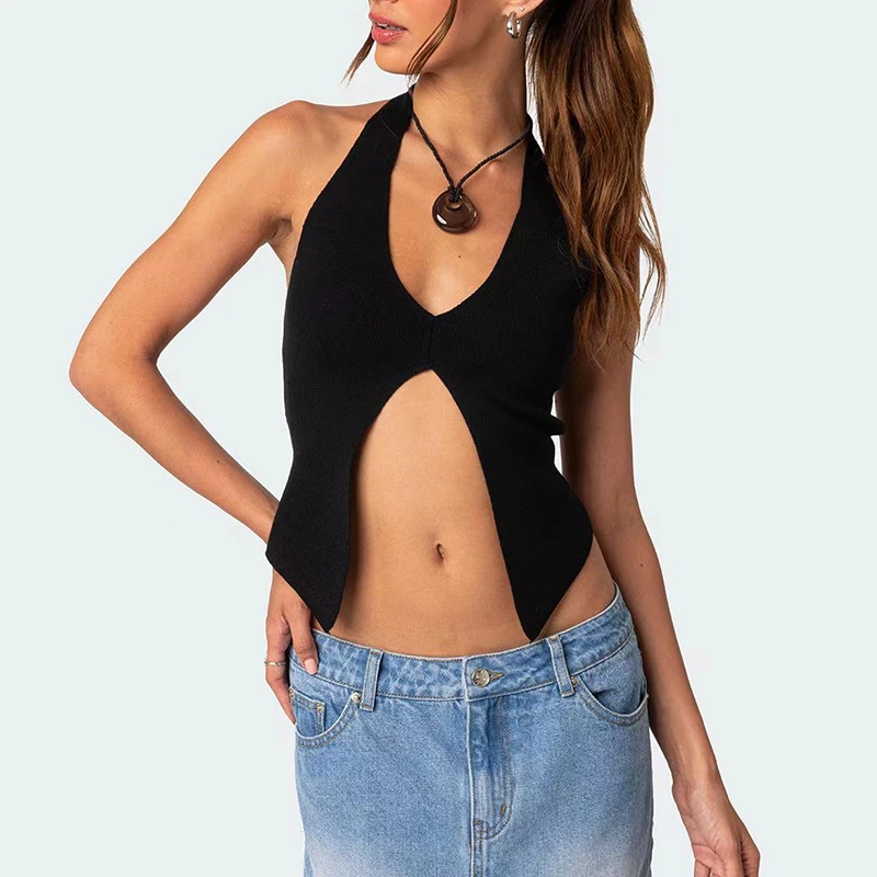 2024 Sexy Open Back Hanging Neck Vest Female Summer Vacation V-Neck Knitted Top Vest for Women Solid Color Split Short Top